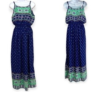 Blue Green Cotton Spaghetti Strap Midi Maxi Dress Size Medium Spring Lightweight